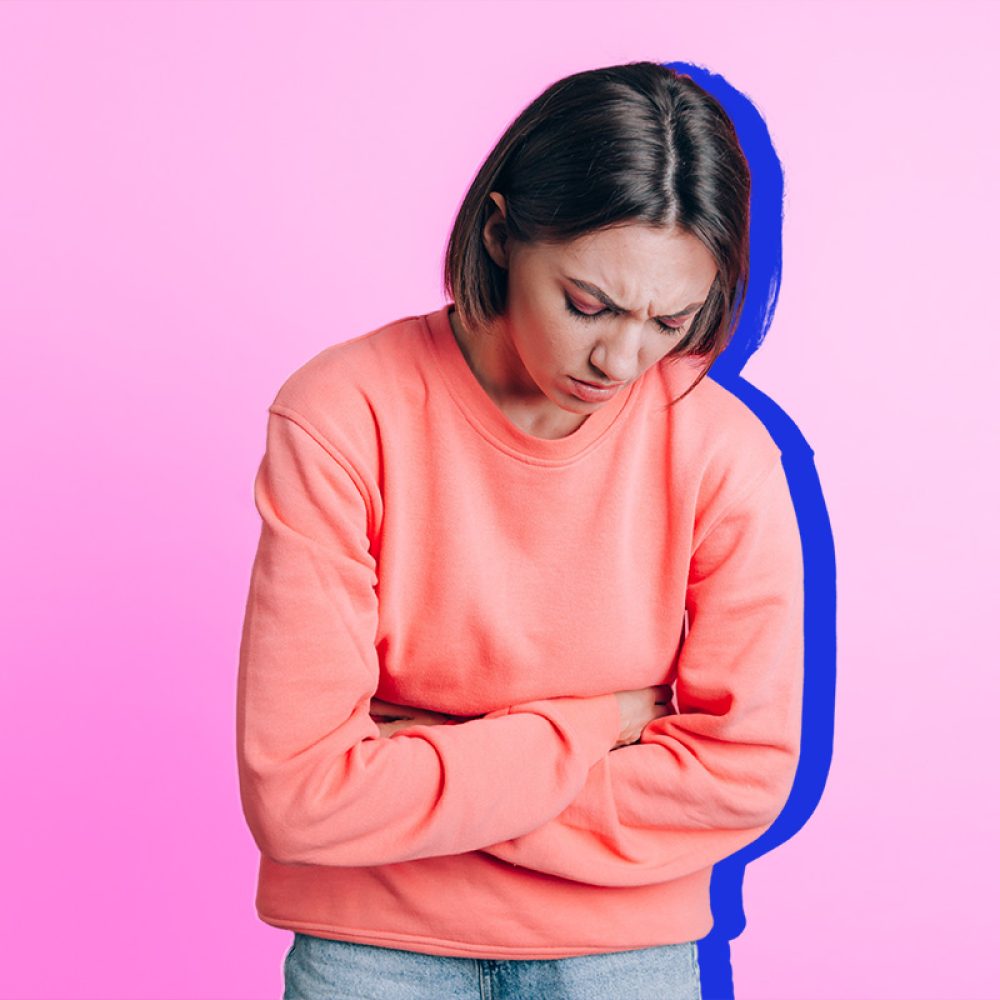 Woman,Wearing,Casual,Sweater,On,Background,Suffering,Stomach,Ache,With