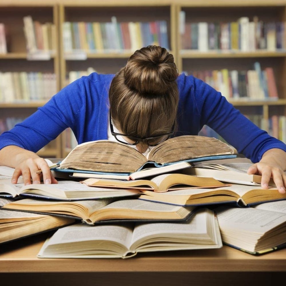 Student Studying Sleeping on Books, Tired Girl Read Book, Library